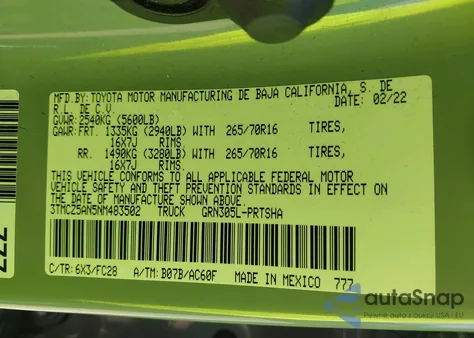 2022 Toyota Tacoma Sr5 V6 z USA, uszkodzony, nr VIN 3TMCZ5AN5NM483502